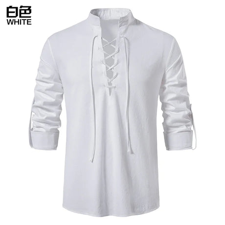 2023 men's new Amazon men's cotton and linen Henry shirt long sleeved hippie casual beach stand up collar shirt European size