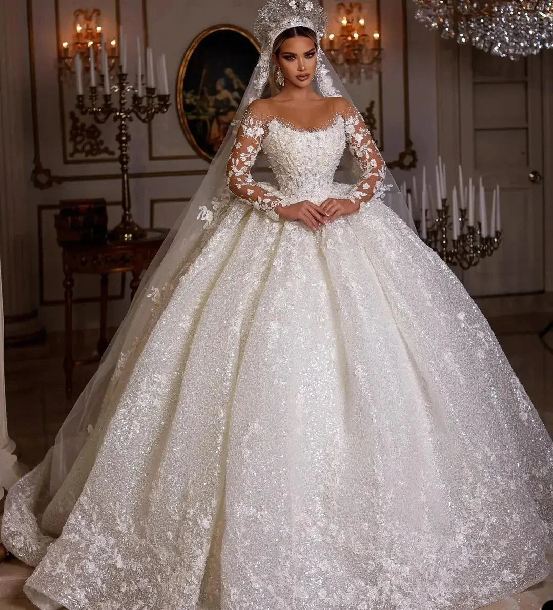 Haute Couture Gorgeous The Bride Dress With Long Sleeve Lace Applique Sequin O-Neck Beaded Floor-Length Bespoke Wedding Dress