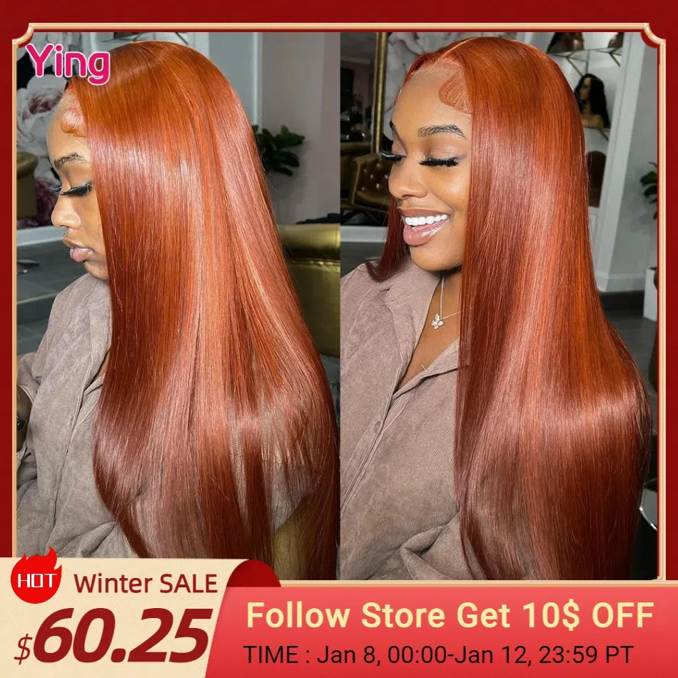 Ying Bone Straight Ginger Orange Brown 13x6 Lace Frontal Wig Remy Hair 13x4 Lace Front Wig PrePlucked 5x5 Transparent Lace Wig