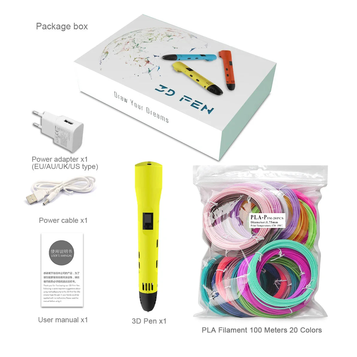 Innovative QCREATE 3D Pen with LCD Display, Adjustable Temperature & Speed, Includes 100m of PLA/PCL Filament