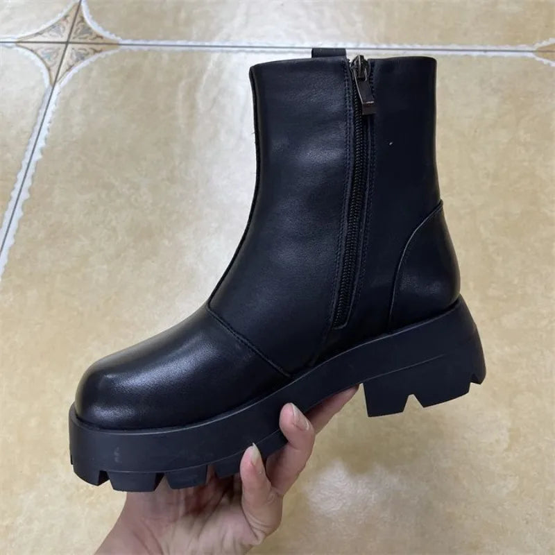 Chunky Heel Platform Women Shoes 2023 New Round Toe Winter Short Plush Women's Boots Simple Fashion Zipper Boot Zapatos De Mujer