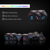 Cusdie 7Pcs Obsidian Dice DND Handmade 16mm D4-D20 Polyhedral Gemstone Dice Set with Leather Box D&D Dices for RPG Collection