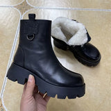 Chunky Heel Platform Women Shoes 2023 New Round Toe Winter Short Plush Women's Boots Simple Fashion Zipper Boot Zapatos De Mujer