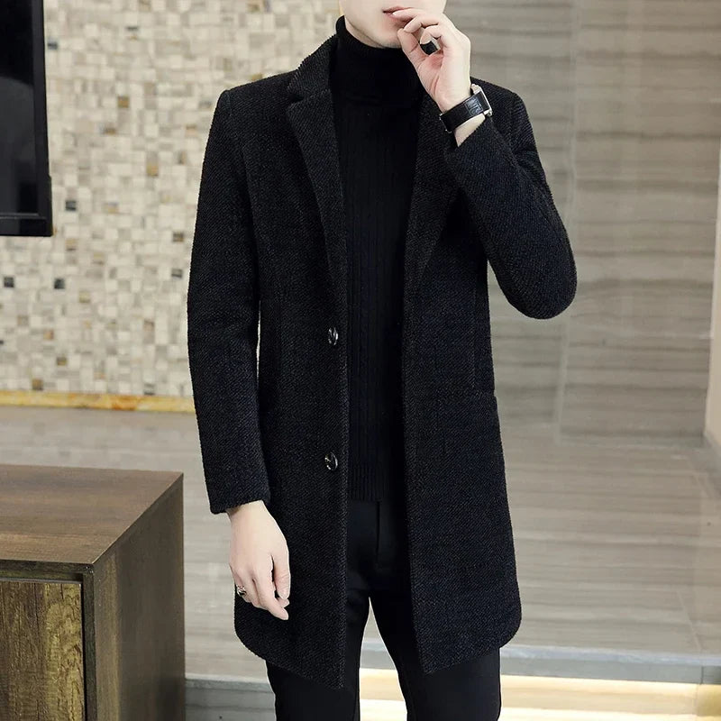 2023 High-end Feel Men Fashion Handsome All Woolen Coat Suit Collar Long Trench Coat Woolen Coat Thick Casual  Winter Jacket Men