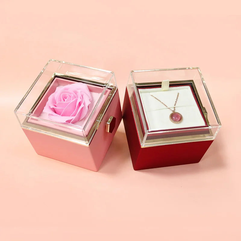 New Rotation Rose Jewelry Gift Box Valentine's Day Marriage Acrylic Ring Boxes Necklace Storage Rose Jewelry Display Rack