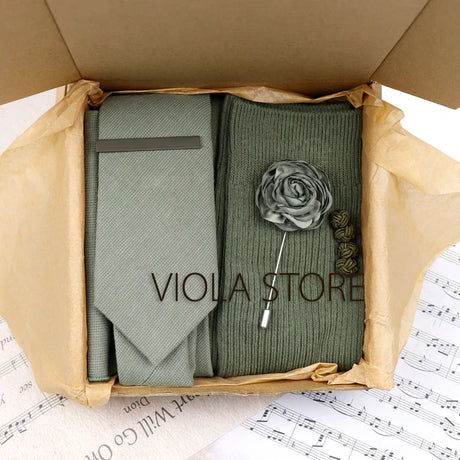 Viola Design 5PCS Gift Box Solid Cotton Sock Tie Sets Clip Pin Cufflinks Hanky Colorful Men Wedding Party Daily Cravat Accessory