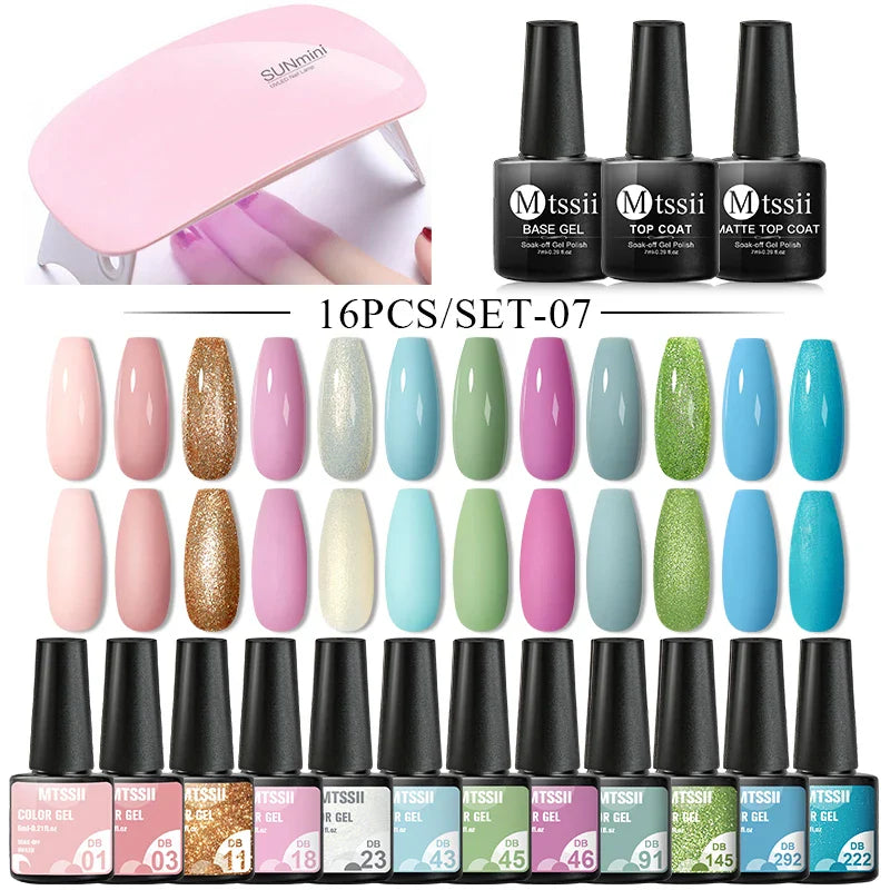 Mtssii  13/16Pcs Gel Nail Polish Set With 36W UV Lamp Dryer Manicure Kit Semi Permanent Soak Off Base Top Coat Nail Art UV Gel