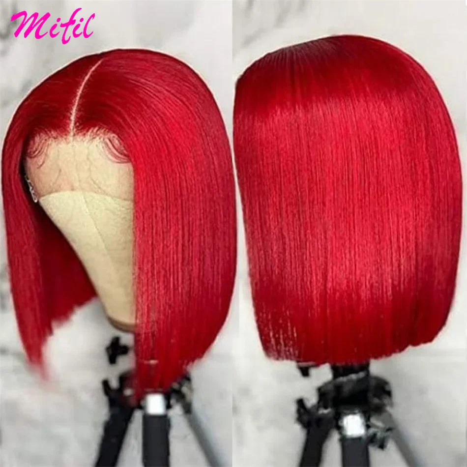 Burgundy Red Lace Front Human Hair Wigs For Women Pre Plucked HD Transparent Lace Straight Short Wigs Hot Red Bob Wig Glueless