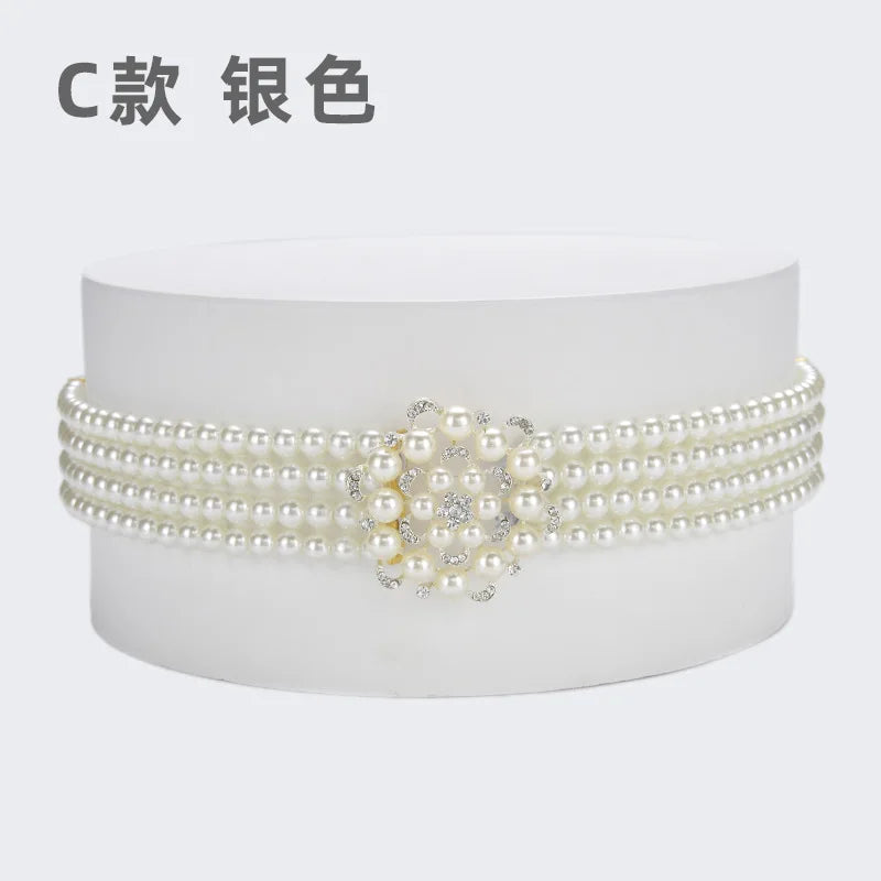 New Ladies Pearl Waist Chain Rhinestone Pearl Decorative Belt Fashion Sweet Dress Elastic Elastic Belt Women’s Designer Belts