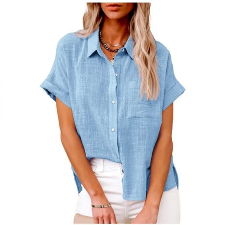 Women Blouse Shirt Casual Office Linen Solid Loose Vintage Overshirt Elegant Female Single Breasted Short Sleeved Tops Plus Size