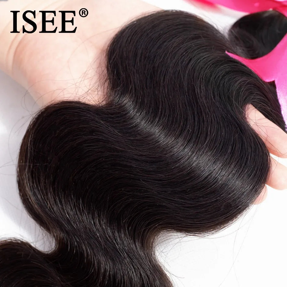 ISEE Human Hair Bundles With Closure 3 Bundles Body Wave Bundles With Frontal Hair Extension Indian Hair 4x4 Lace Free Part