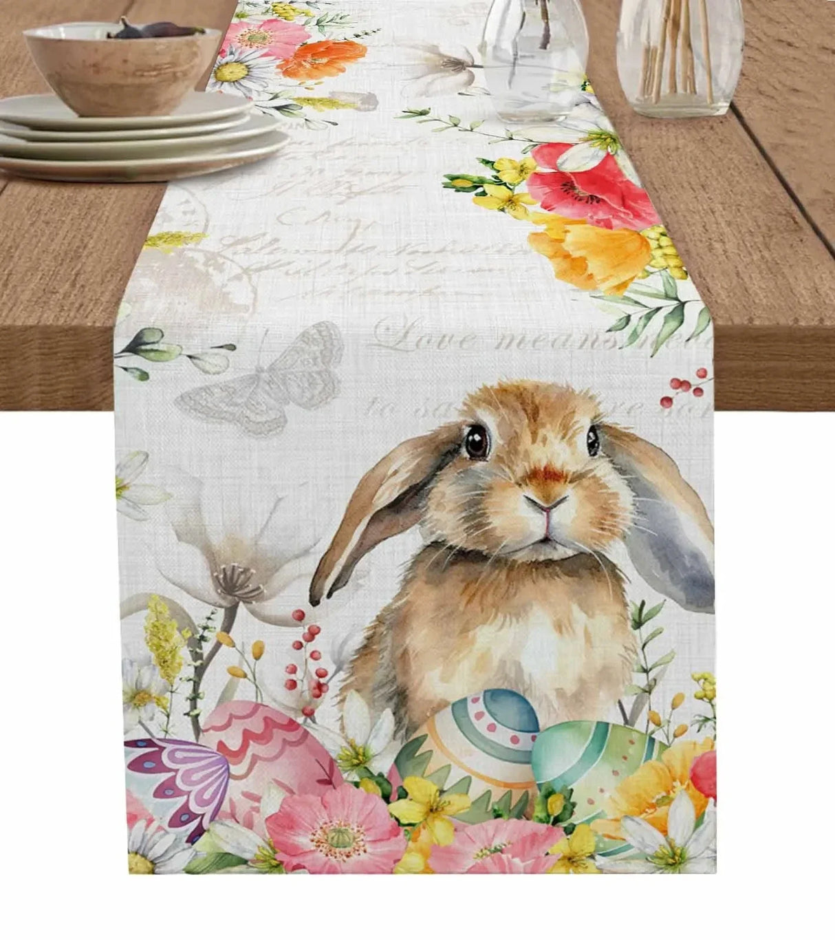 Easter Bunny Spring Flowers Linen Table Runner Washable Dresser Scarves Table Decor Festival Wedding Kitchen Decor Table Runner