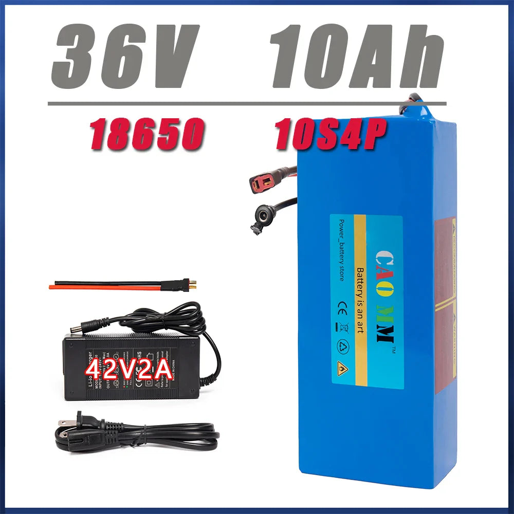 CaoMM 36V Electric Bike Battery with Charger BMS Protect 10Ah 10S4P Lithium Ebike Battery for Scooter Motorcycle Solar Panels