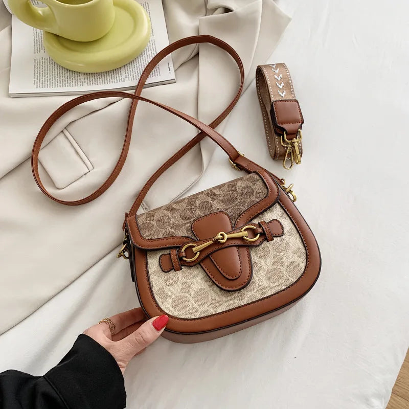 Women Bag 2023 Hot New Fashion Retro Crossbody Bag Luxury Women's Bag Saddle Bag Wide Shoulder Strap Single Shoulder Bag Totes