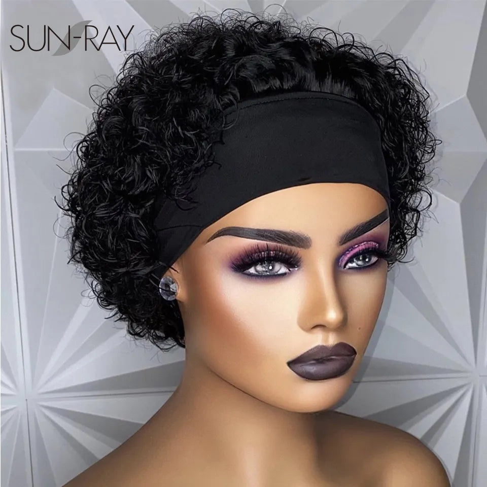 Short Curly Pixie Cut Headband Wig Water Wave Remy Brazilian Human Hair  Scarf  Wigs For Black Women Glueless Machine Made  Wig