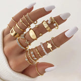 23pcs Hiphop Gold Color Geometric Wheat ear Rings Set For Women Girls Punk Star Moon Eye Wave Finger Rings Jewelry Party Gifts