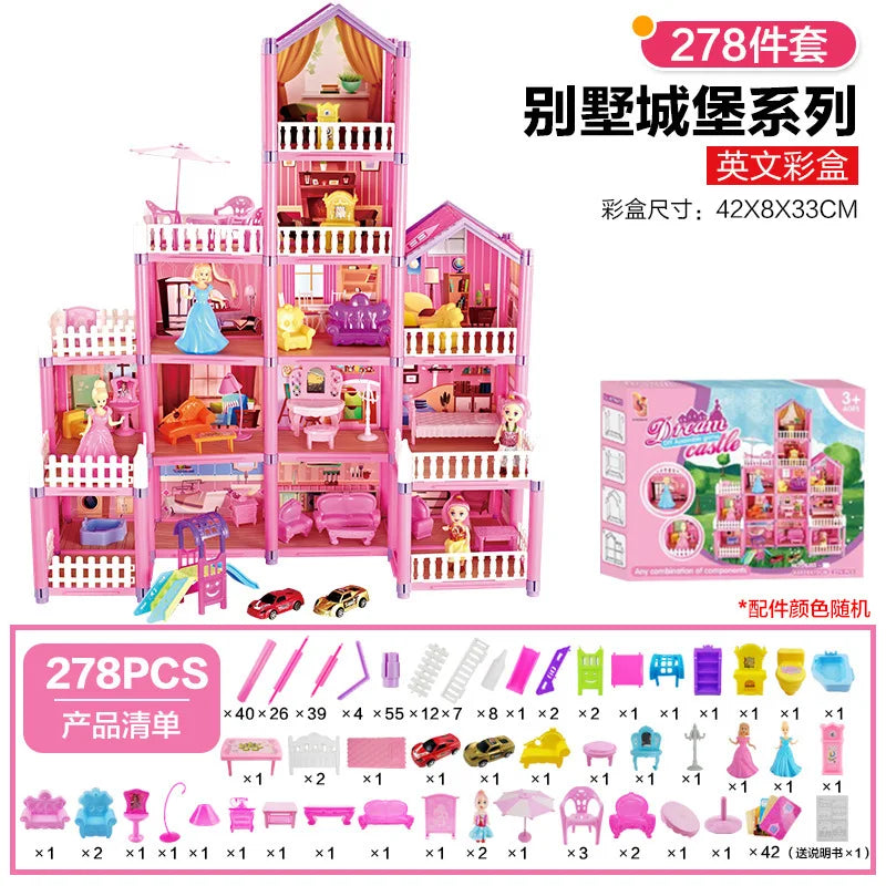 Kids Toy Simulation Doll House Villa Set Pretend Play House Assembly Toys Princess Castle Bedroom Girls Gift Toy For Children