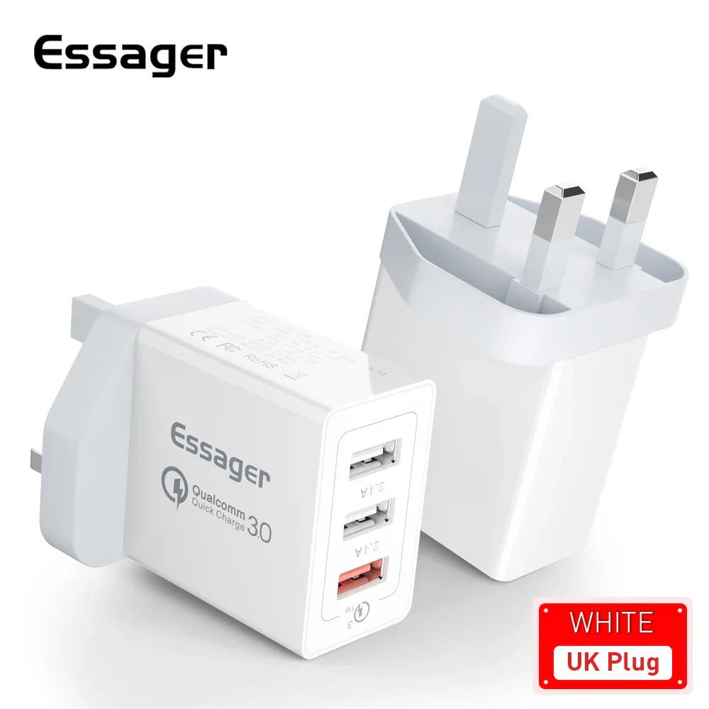 Essager 30W USB Charger Quick Charge 3.0 For iPhone 14 Samsung Xiaomi 3 Port Multi Plug Wall Mobile Phone Fast Charging