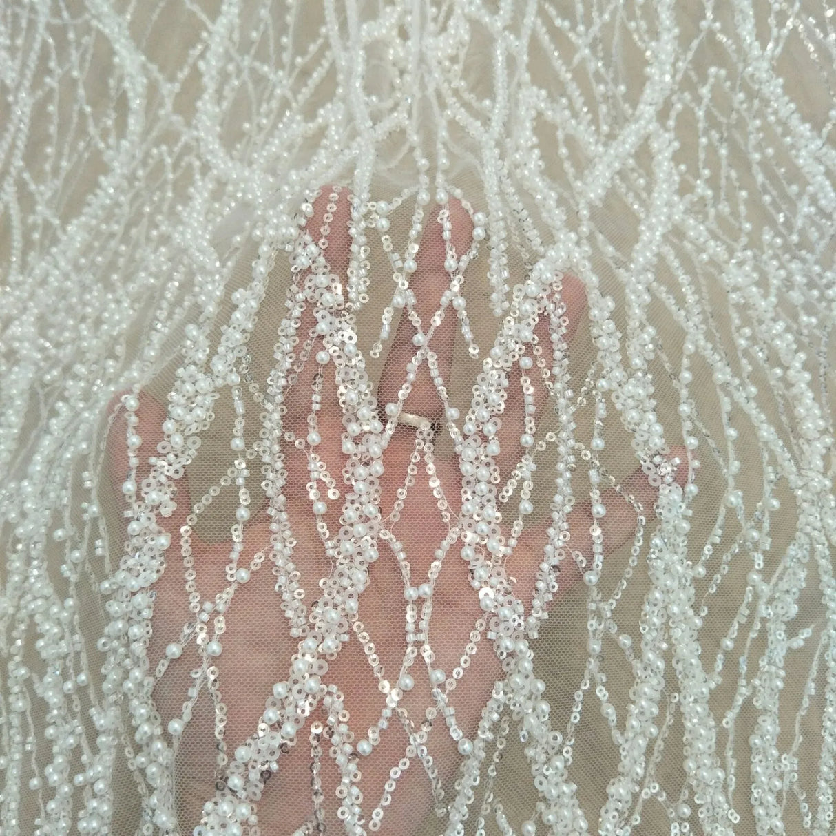 Elegant fashion heavy beading lace fabric with pearls 130cm width wedding gown dress lace fabric sell by yard