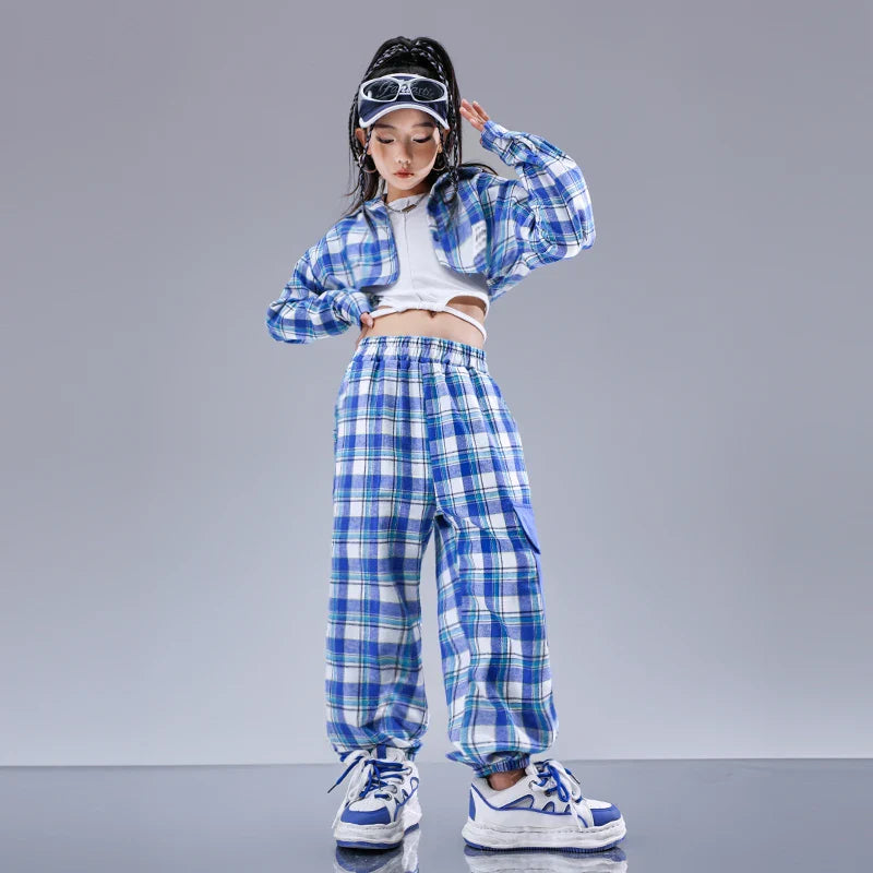 Girls Hip Hop Cool Shirt Street Dance Baggy Cargo Pants Children Crop Plaid Jacket Streetwear Kids Jazz Joggers Clothes Sets