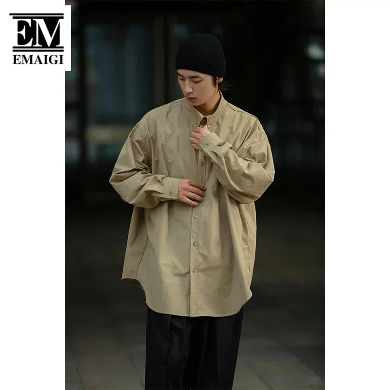 Autumn Japanese Streetwear Cityboy Solid Cotton Shirts Men Fashion Loose Casual Long Sleeve Oversize Cargo Shirts Male Blouses