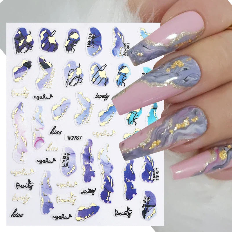 Purple Marble Nails Stickers Smoke Design Manicure Decals Golden Wave Lines Nail Slider Blooming Ink Sticker