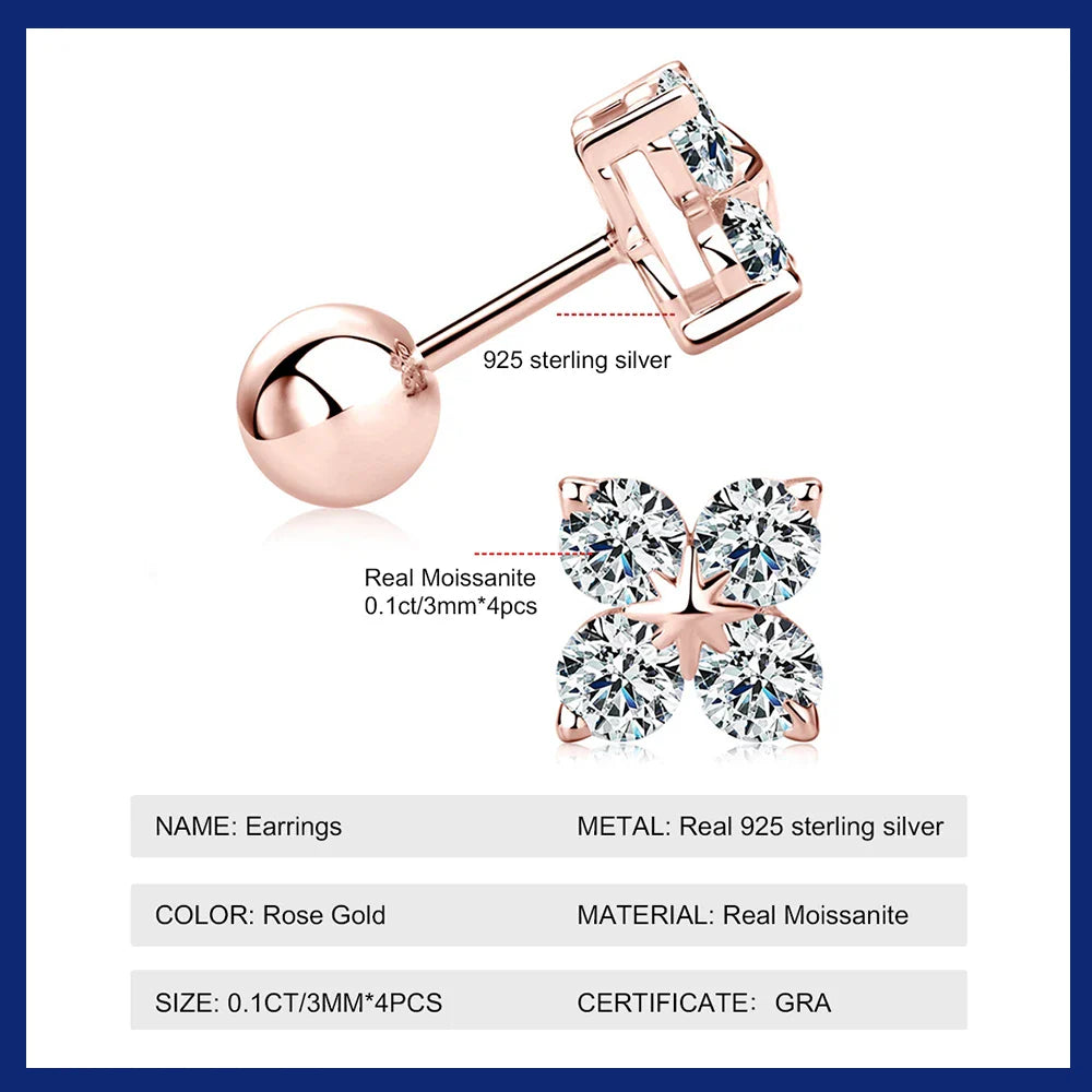 Rose Gold Four Leaf Clover Moissanite Stud Earrings 925 Silver Plated 18k Yellow/White Gold Diamond Earring for Women Jewelry