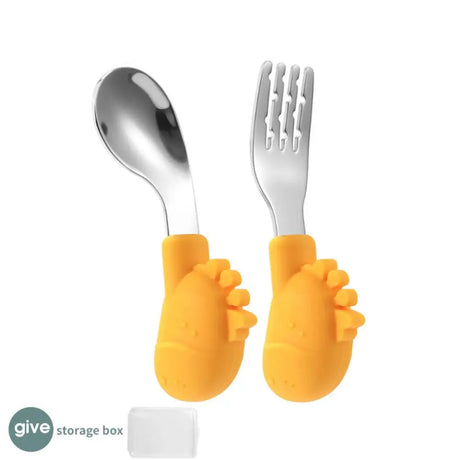 Supplementary Food Spoon With Storage Box Non-slip Comfortable Grip Cartoon Cute Baby Cares Stainless Steel Fork Spoon 5 Colors