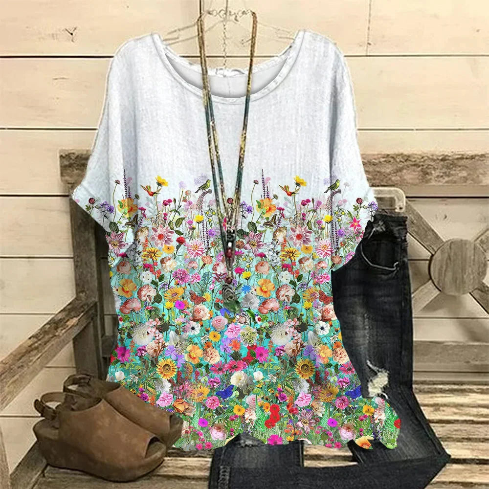 New Fashion Women T-Shirt O-Neck Casual Short Sleeve Flowers Print Tshirt Plus Size Female Summer Harajuku Loose Ladies Pu-shirt