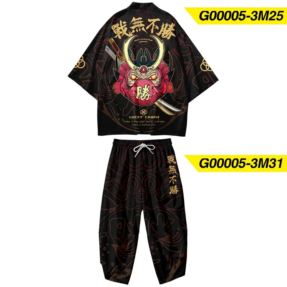 Two-piece Suit Plus Size S-6XL Loose Japanese Cardigan Women Men Cosplay Yukata Clothing Harajuku Samurai Kimono + Pants Sets