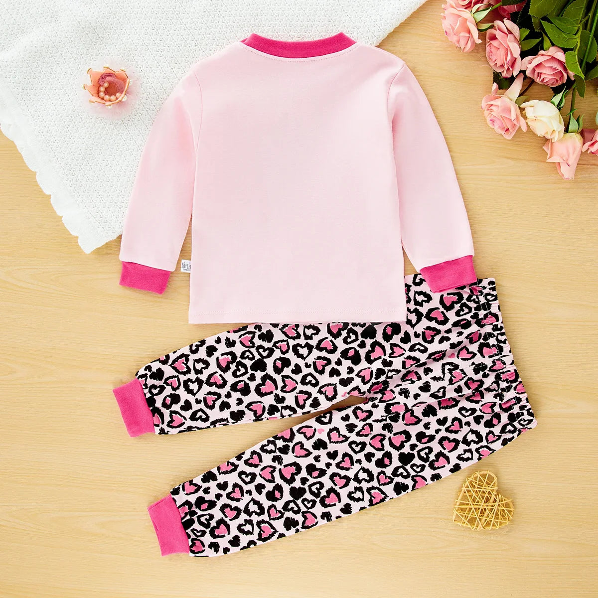 hibobi Spring 2-Piece Cute Cat Girl Round Neck Loungewear Set Comfortable Fashion Pajama Pants Set For Girls Aged 1-6 Years Old