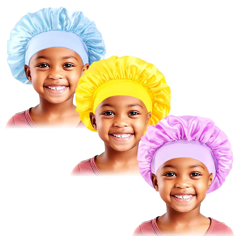 3PCS/LOT Children Elastic Sleepcap Kids Simple Solid Color Satin Bonnets Cute Nightcap Beauty And Hair Care Cap Shower Hat