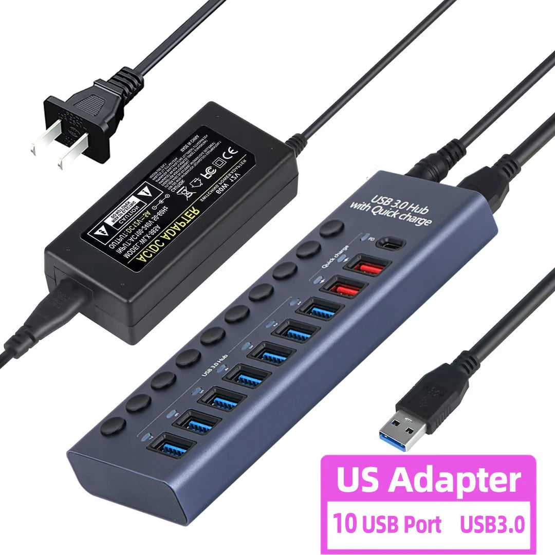 Metal USB 3.0 Hub Multi USB Splitter 4/7/10Ports Use Power Adapter Multiple Expander 2.0 Hub With Switch For Laptop Accessoriess