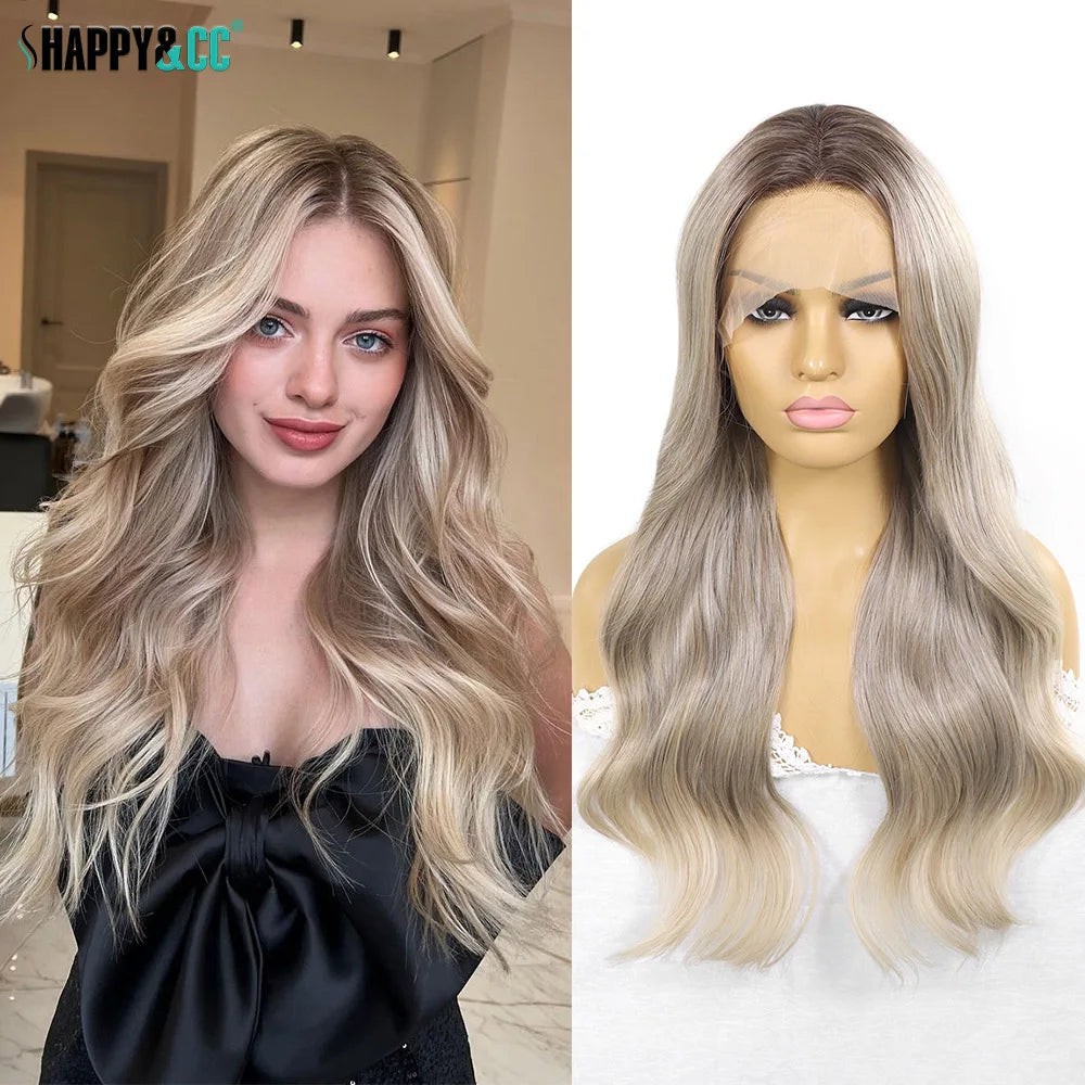 Ash Blonde Synthetic Lace Front Wigs for Women Body Wave Colored Lace Wig Heat Resistant Dark Roots Cosplay 13x3 Glueless Wig