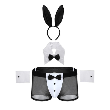 Mens Waiter Tuxedo Lingerie Sexy Cosplay Costume Role Play Uniform See Through Briefs Underwear with Bunny Ears Headband Collar