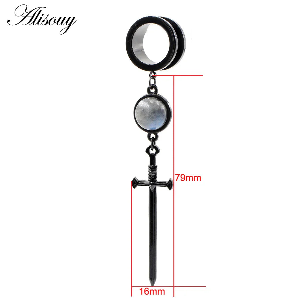 Alisouy 1PC Stainless Steel Water Drop Stone Star Moon Sword Skull Bees Dangle Earring Ear Gauge Plug Tunnel Expander Stretcher