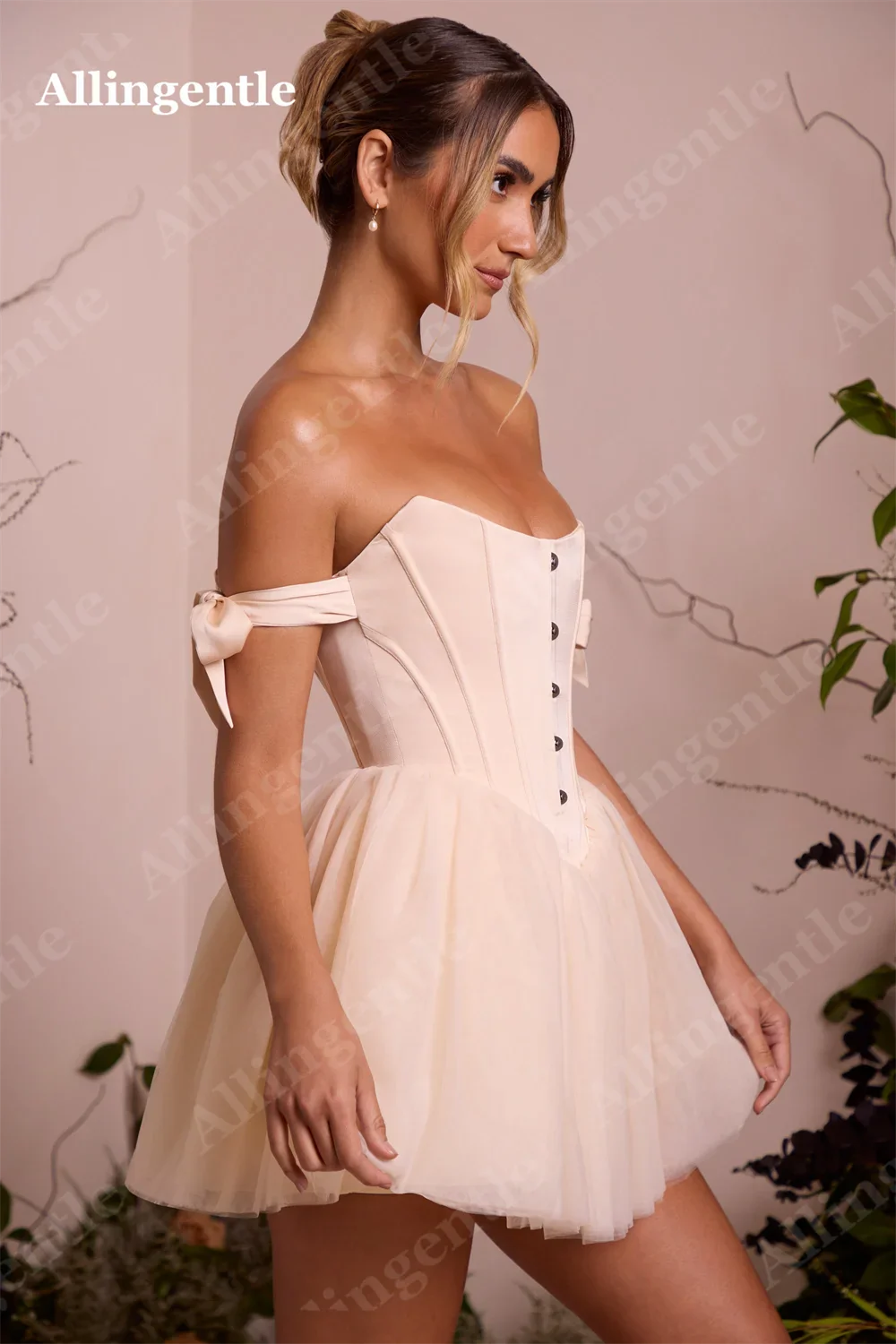 Allingentle Blush Pink Off Shoulder Homecoming Dresses 2024 Button Design A-Line Fairy Tulle Mini Gowns Backless Cocktail Dress