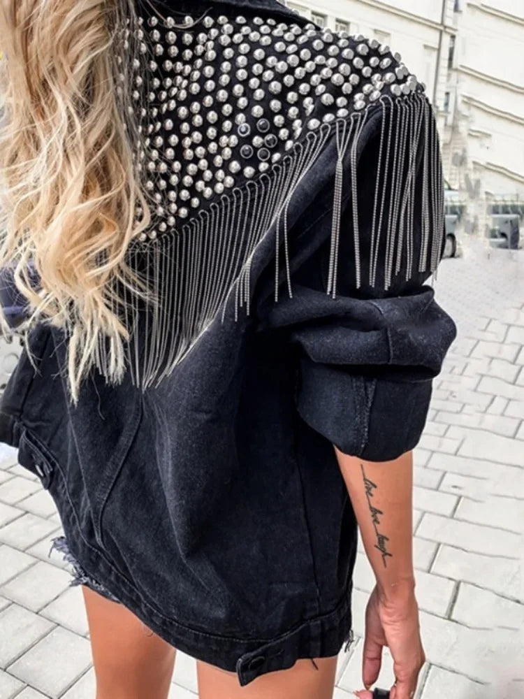 Women Streetwear Style Denim Jacket Spring Autumn Long Sleeve Lapel Rivet Tassel Loose Korean Jeans Coat Female Black Outwear