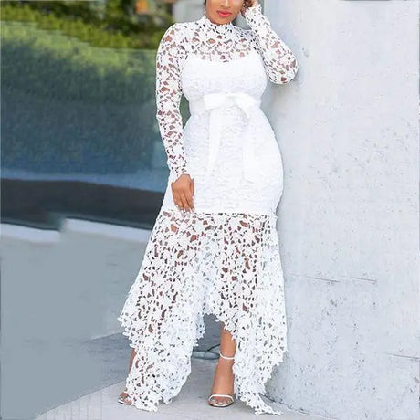 WSFEC S-5xl Plus Size Dresses For Women 2023 Bow Hollow Out Lace Patchwork Elegant Long Sleeve Pure Color Chic Ladies Clothes