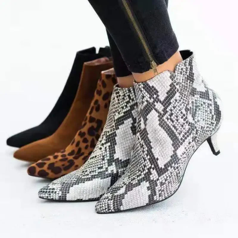 Women Boots Spring 2022 Pointed Toe Stiletto Ankle Boots Fashion Leopard Print Side Zipper 43 Large Size Mid Heel Ankle Boots