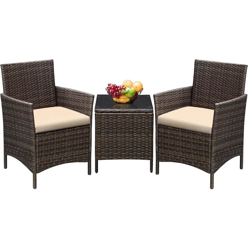 Greesum 3 Pieces Patio Furniture PE Rattan Wicker Chair Conversation Set, Brown and Beige, 26.6x12.1x19.3 inches