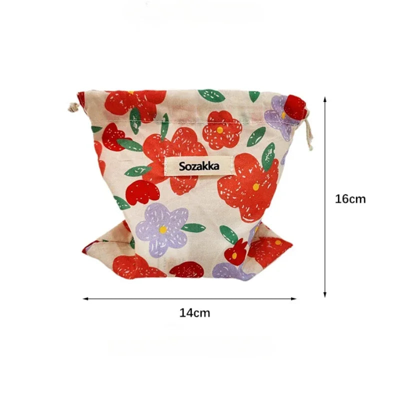 Cotton Fabric Floral Small Drawstring Bags Lipstick Toiletry Makeup Organizer Coin Pocket Bags Purse Keys Earphone Storage Bag