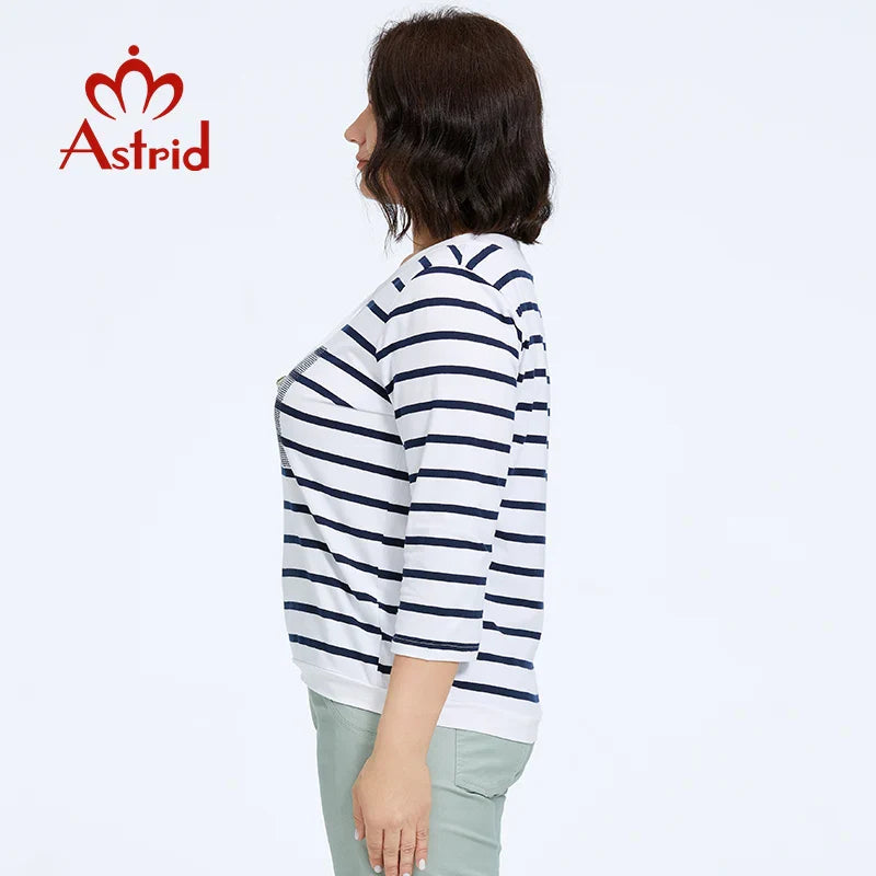 Astrid Autumn Women's t-shirt 2023 Casual Cotton Top Female Plus Size Stripes Tees Rope Diamond craft Long Sleeve Women Clothing