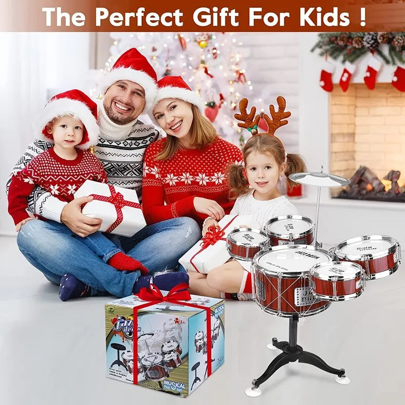 Kids Drum Set Musical Toy Drum Kit for Toddlers Jazz Drum Set with Stool, 2 Drum Sticks, Cymbal and 5 Drums Musical Instruments