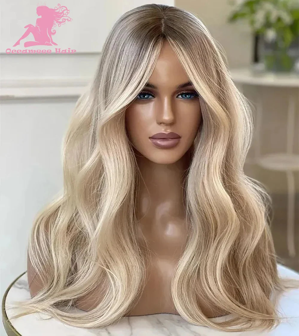 Ash Blonde Highlight Colored Lace Front Wig With Roots Straight Double Dawn HD Lace Forntal Wig aBrazilin Virgin Human Hair Wigs