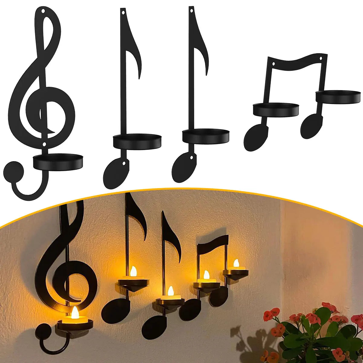 4Pc Music Note Candle Holder Black Music Note Wall Sconce Vintage Art Musical Note Style Candle Holders Iron Candle Holder Decor