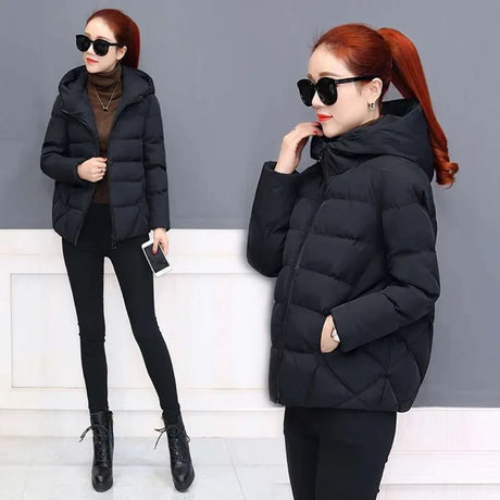 Autumn Winter Loose Jacket Hooded Short Coat Women Overcoat Solid Cotton-padded Clothes Female Parka Outerwear