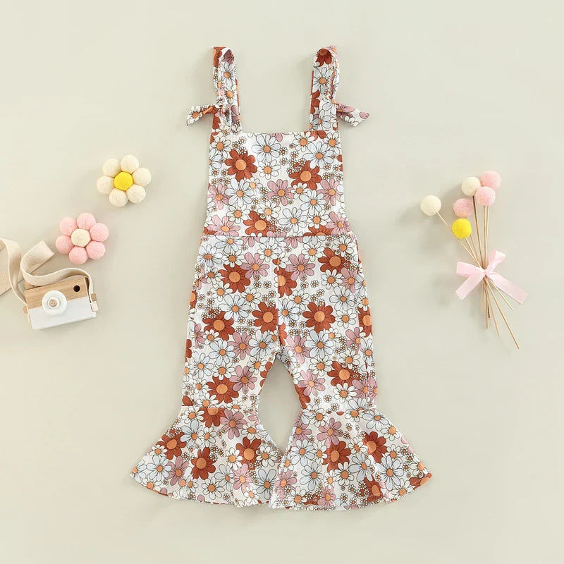 FOCUSNORM 0-4Y Lovely Baby Girl Romper Pants 4 Style Flowers Printed Sleeveless Off Shoulder Ruffle High Waist Flare Jumpsuit