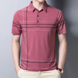 Summer Men's Polo Shirts With Short Sleeve Business Stripes Print Casual Tops Fashion Sport Wear Oversized T Shirts Man Clothes