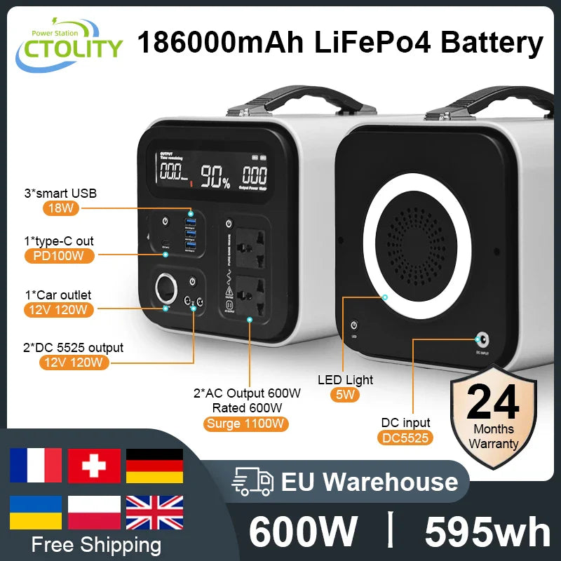 600W Lifepo4 Portable Power Station 595Wh (Peak 1100W) 220V Solar Generator External Battery Camping Car Home Outdoor Emergency